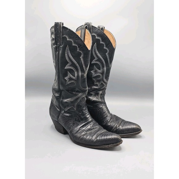 Vintage Dan Post Black Leather Teju Lizard Boots Mens‎ 9D 6655 Made In Spain